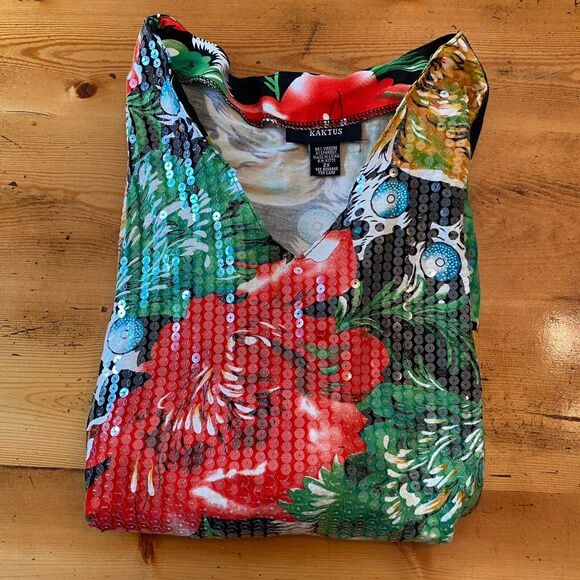 Kaktus Womens Floral Sequined V-neck Top 2X Bold Pattern Colorful 3/4 Sleeve - Picture 1 of 7